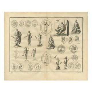 After Bernard de Montfaucon, Roman Statues and Coins, Composite Antiquities Plate with Center Fold, 1721, Engraving For Sale