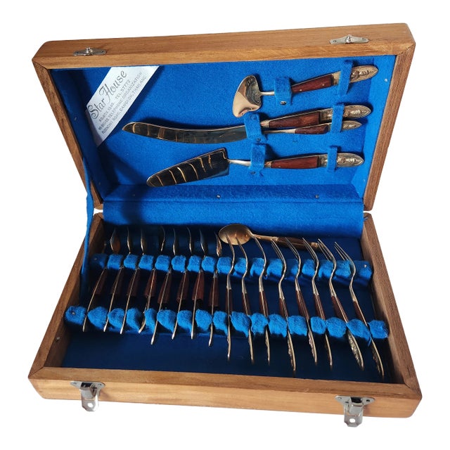 1950s Siam Bronze and Wood Dessert Flatware Set- 21 Pieces For Sale