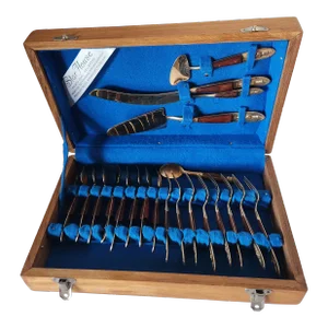 1950s Siam Bronze and Wood Dessert Flatware Set- 21 Pieces