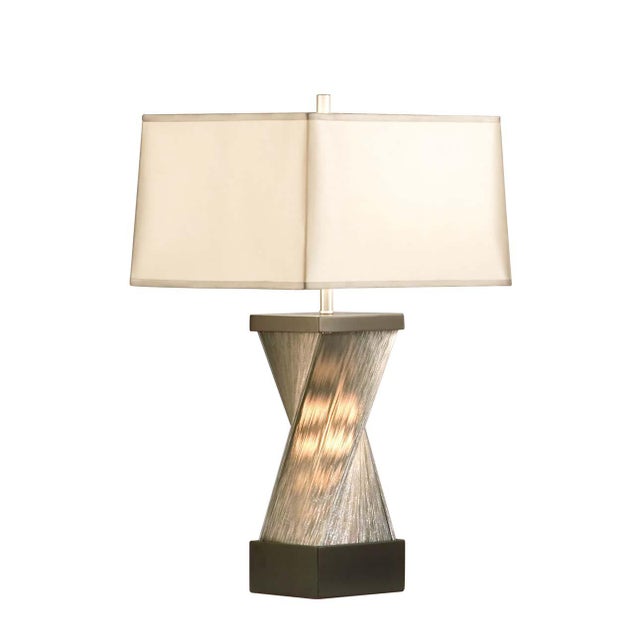 1990s Hand-Knotted Silver Strings Torque Accent Table Lamp - 24", Espresso Wood & Satin Nickel, Linen Shade For Sale - Image 4 of 6