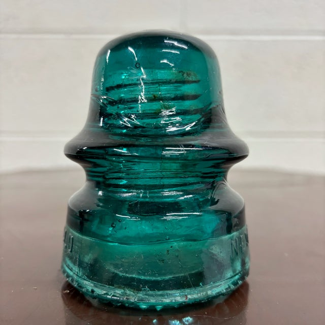 Antique Brookfield New York Teal Glass Insulator For Sale - Image 4 of 6