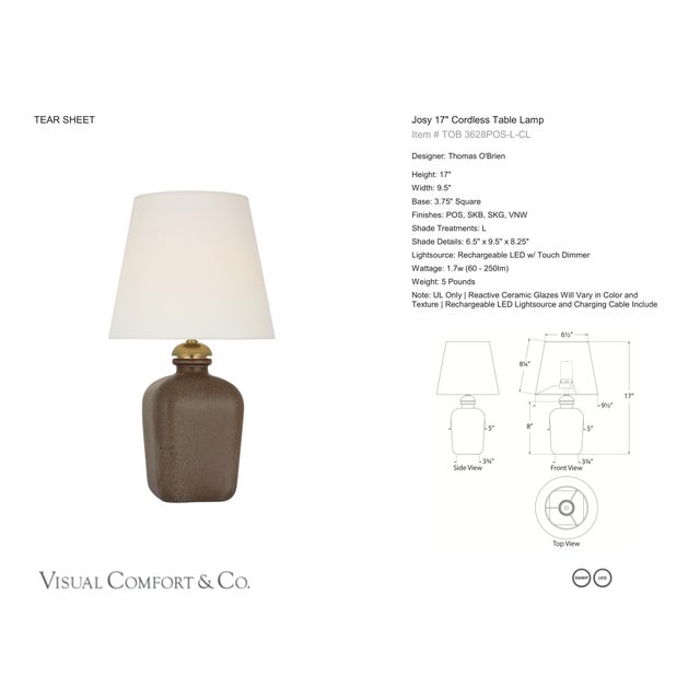 Thomas O'Brien by Visual Comfort Signature Josy 17" Cordless Table Lamp in Positano Sand with Linen Shade Designer: Thomas...
