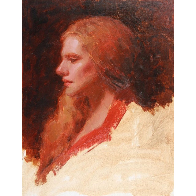 Julie in Red by Mark Bradley Schwartz | Oil on canvas portrait of a woman in profile For Sale