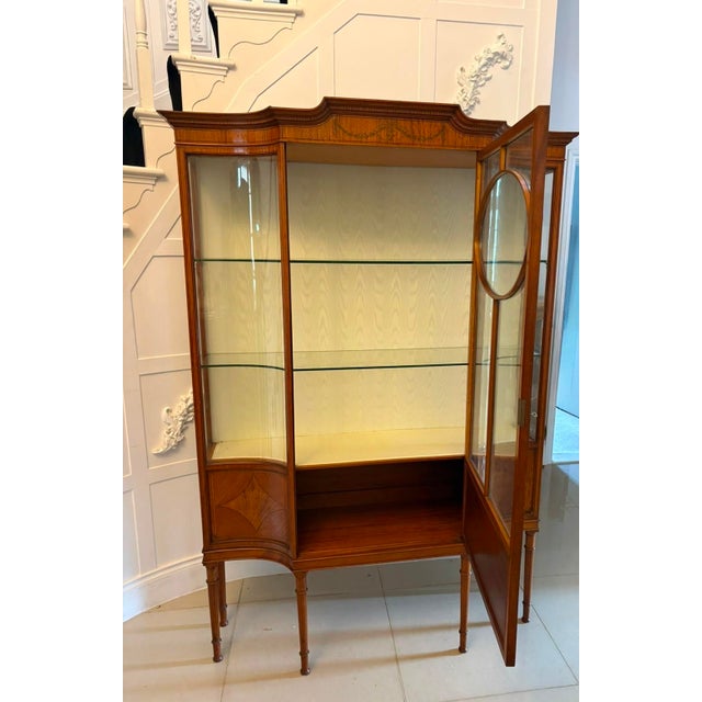 Antique Victorian Satinwood Inlaid Bow Front Display Cabinet, 1890 For Sale - Image 4 of 18