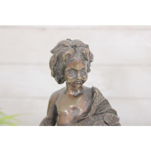 19th C. French Bronze Fisher Boy Sculpture Signed Emile Boyer, Antique Nautical Mantel Decor, Maritime Fine Art Bronze, Coastal Grandmillennial Gift For Sale - Image 4 of 12