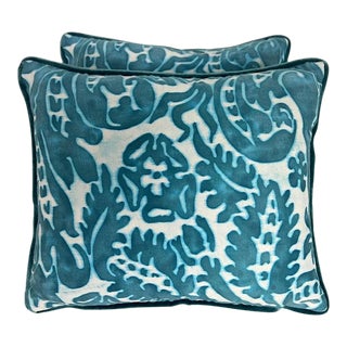 Pair of Teal and White Colored Fortuny Style Pillows For Sale