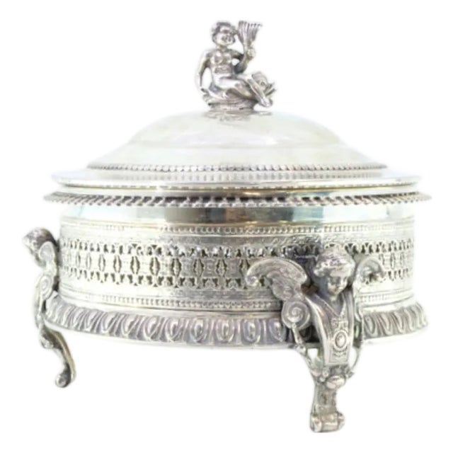 Grid Style Cut Silver Bonbonniere with Pearly Edge Frieze, Angels and Lid Knob For Sale