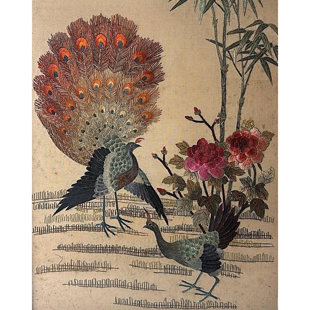 Early 20th Century Antique Chinese Silk Embroidery Panel With Peacocks, Peonies, and Bamboo For Sale - Image 5 of 18