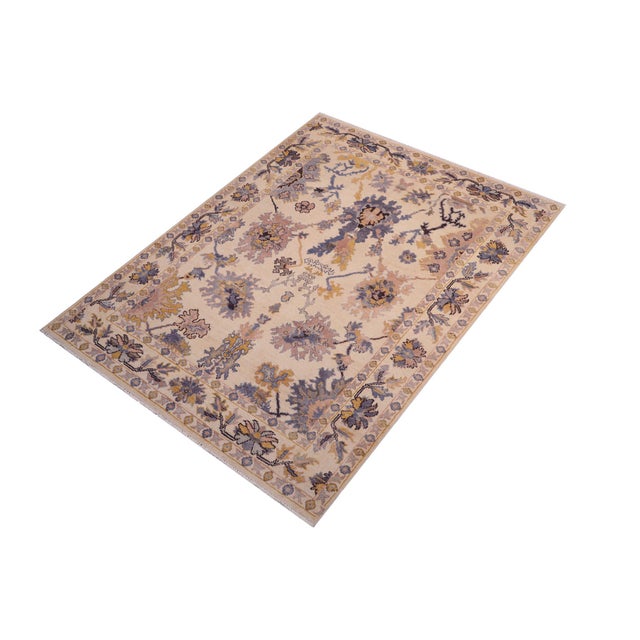 Art Deco Boho Chic Oushak Georgett Beige/Blue Wool Rug - 5'8'' X 8'4'' For Sale - Image 3 of 8