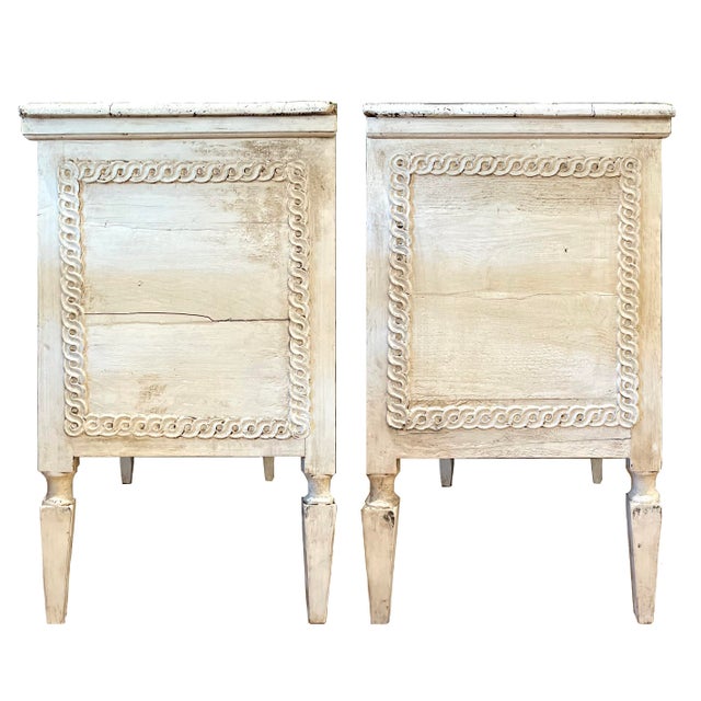 Rare Pair of 19th Century Carved Painted Gustavian Dresser Commodes For Sale - Image 4 of 16