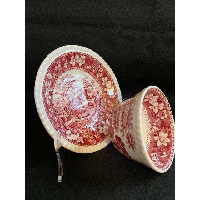 Final Markdown. Rare Find; Spode “Pink Tower” Design English Transferware Tea Cup & Saucer Set for 4(8 Pcs)Charming Ring Shaped Handles on Tea Cups. For Sale - Image 9 of 12