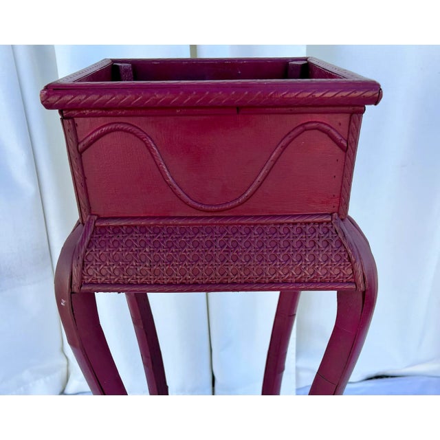 Ruby Red Vintage Red Split Bamboo and Rattan Caning Plant Stand Newly Painted Ruby Red For Sale - Image 8 of 12