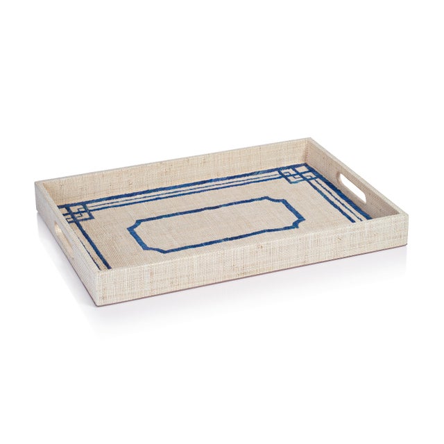 Blue Pattern Natural Fiber Raffia Serving Tray For Sale - Image 8 of 8