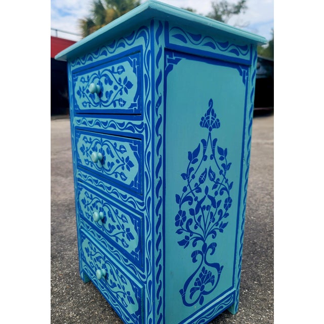 2020s Hand‑Painted Moroccan Nightstand / Blue Zoua9 Woodwork For Sale - Image 5 of 7