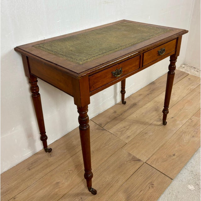 Antique English Style Wooden Writing Table with Leather Top and Drawers, 1930s For Sale - Image 4 of 14