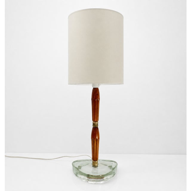 Scandinavian Table Lamp in Aqua Glass, Wood and Brass attributed to Nybro Armaturfabrik, Sweden, 1960s For Sale - Image 9 of 9