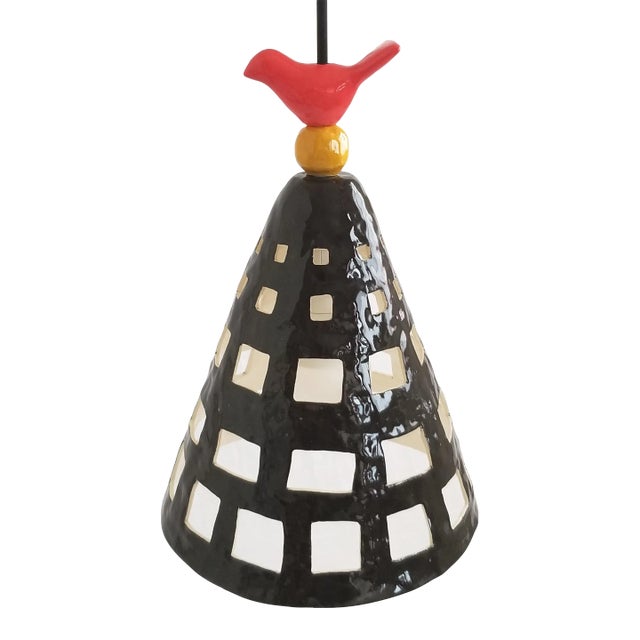 Contemporary Handmade Ceramic Black Cage, Pendant Light in Red and Yellow Bead Detailing For Sale