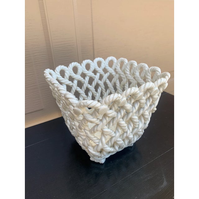French Provincial French Country Trompe l'Oeil Porcelain Rope Basket Cachepot For Sale - Image 3 of 13