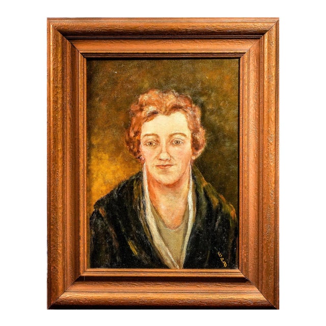 Lovely Framed Antique Oil Painting Portrait of Art Deco Era Woman Home Wall Decor For Sale