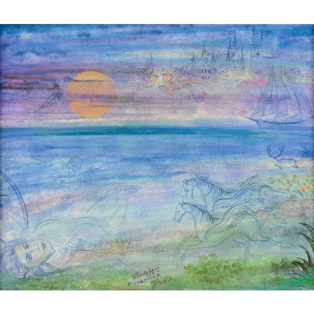 Dreamy abstract figural landscape of a metallic gold sun hung low in a purple sky with peace doves over a bright blue...