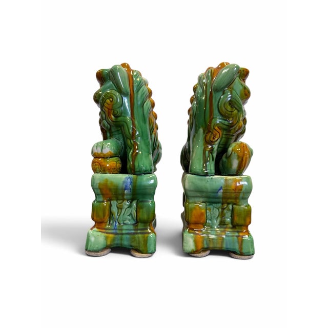 Chinoiserie Vintage Mid-Century Sancai Glazed Ceramic Chinese Foo Dogs - A Pair For Sale - Image 3 of 6