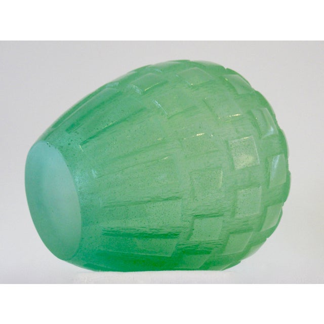 Daum France Crystal "Pate De Crystal," Celadon Green Geometric Raised Relief "Rhythmns," Vase/Vessel For Sale - Image 15 of 18