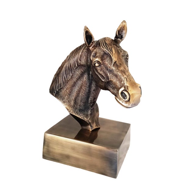 1970s Antique Brass Finish Metal Hand Carved Horse Head Bust Sculpture For Sale - Image 6 of 10
