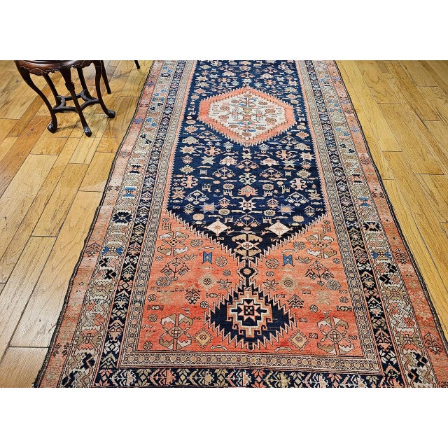 Antique Malayer Tribal Gallery Rug, Hand-Knotted Wool, Geometric Pattern, 5x13, Terracotta & Navy For Sale - Image 15 of 18