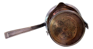 Silver Tea Strainer with Tilting Cup-Shaped Container and Handle with Raised Grooves