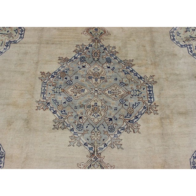 Early 20th Century Early 20th Century Antique Turkish Oushak With Geometric Motifs in Champagne Field and Accent Blue For Sale - Image 5 of 12