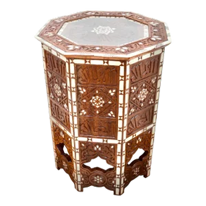Vintage Syrian Mother-Of-Pearl Inlaid Glass-Top Accent Table