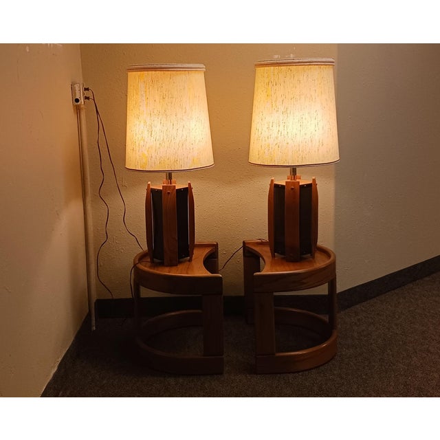 Solid oak and smoked lucite table lamps made by Howard Furniture. Made to compliment their oak barrel shaped sofa sets of...