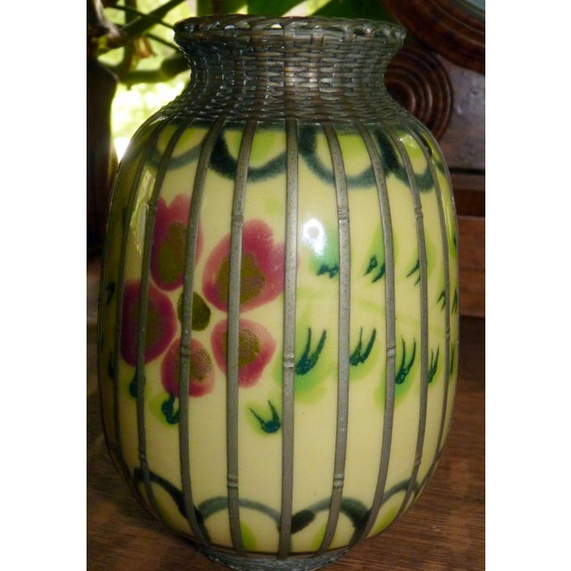 Art Deco 1900s Japanese Meiji Awaji Pottery Vase With Silver Basket-Weave Overlay For Sale - Image 3 of 8