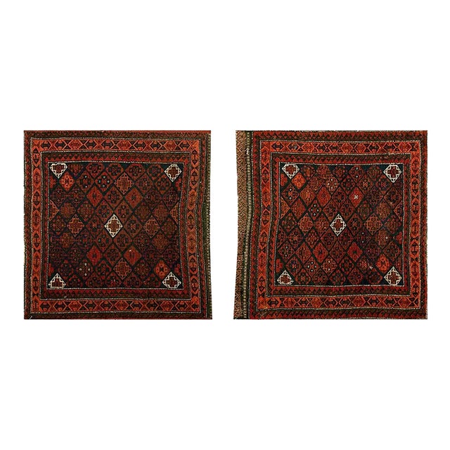 1890s Red Wine Geometric Antique Pair of Persian Baluch Carpets 2'7" X 2'7" Knotted Wool Rugs For Sale
