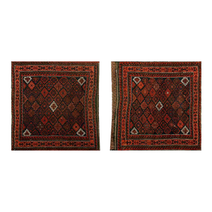 1890s Red Wine Geometric Antique Pair of Persian Baluch Carpets 2'7" X 2'7" Knotted Wool Rugs