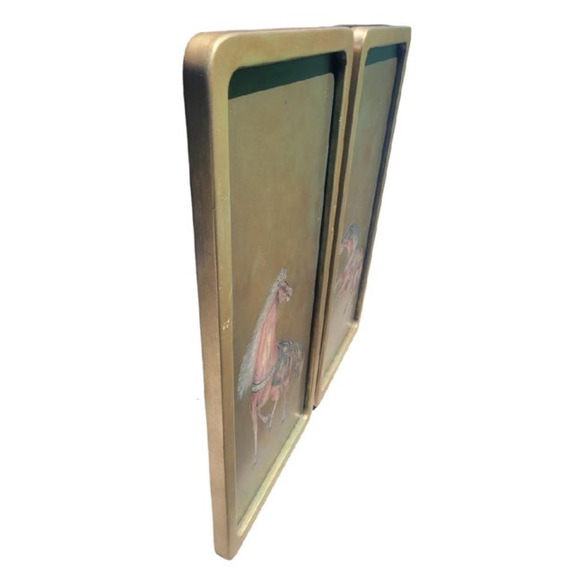 Traditional Vintage Wood Pale Gold Pink Green Carved Horse Wall Art- a Pair For Sale - Image 3 of 11