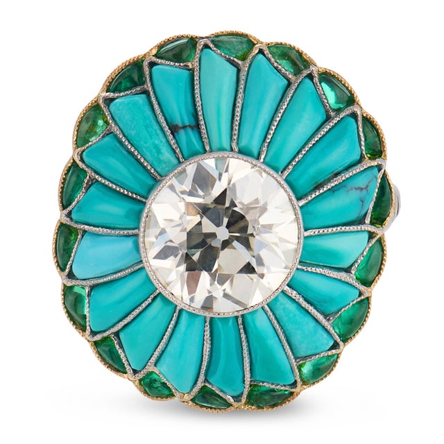 Contemporary Art Deco Style 2.84 Carat Diamond Turquoise Emerald Platinum Cocktail Ring, Size 7 For Sale - Image 3 of 6