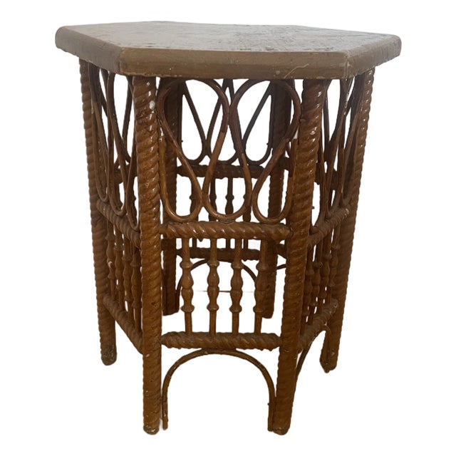 Barley Twist Wood and Wicker Table For Sale
