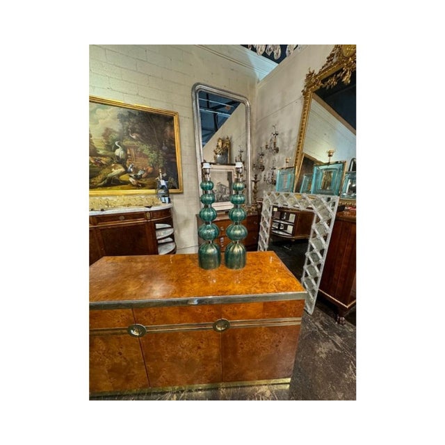 Pair of large scale modern Murano green and gold lamps. Circa 2000. Perfect for today's transitional designs!