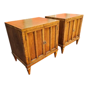 Pair of Mid-Century Hollywood Regency Mastercraft Furniture Walnut and Burl Nightstands [Attributed]