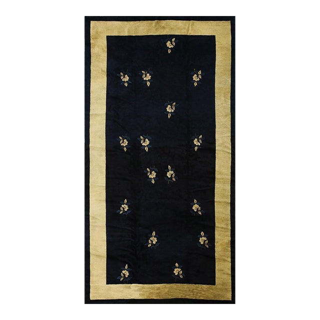 1920s Navy Minimalist Floral Deco Antique Chinese Peking Small Rug 5'9" X 11' 3" For Sale