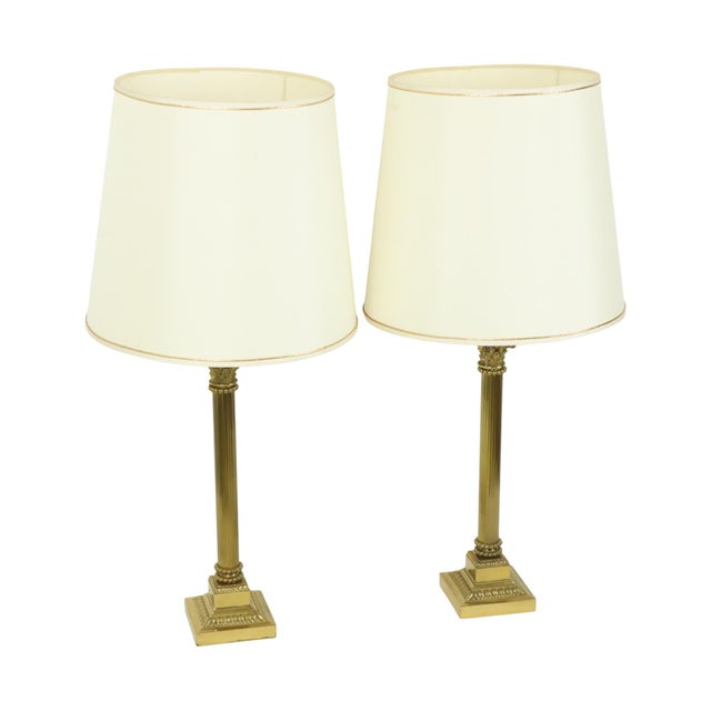 Hollywood Regency Lamps with Brass Pillar Column, 1950s, Set of 2 For Sale - Image 12 of 18