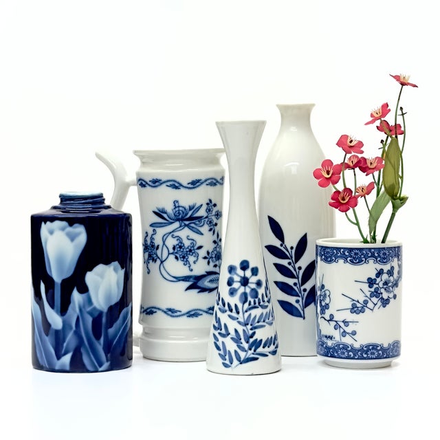 Eclectic Blue & White Porcelain Vessel Curation - Group of 5 For Sale - Image 15 of 18