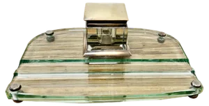 Art Deco Glass and Brass Desk Inkwell with Pen Rest, 1920s