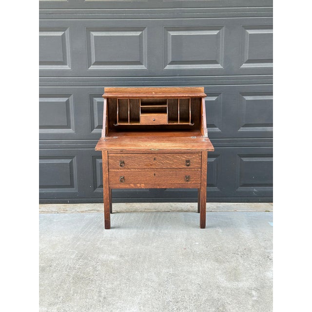 Antique Early 20th Century Quarter Sawn Oak Drop Front Secretary With Drawers - Solid Wood Accent Chest With Ring Pulls For Sale - Image 12 of 17
