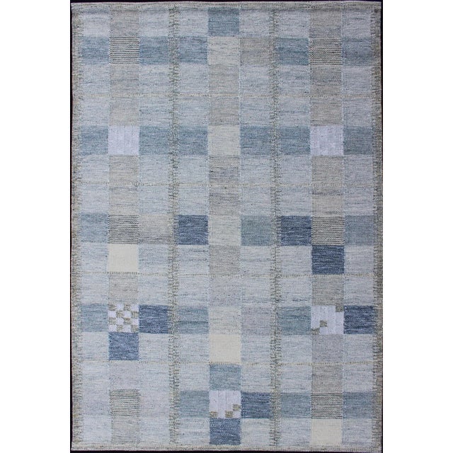 Scandinavian Style Flat-Weave Design Rug With Checkerboard Design in Gray, Blue For Sale - Image 13 of 13