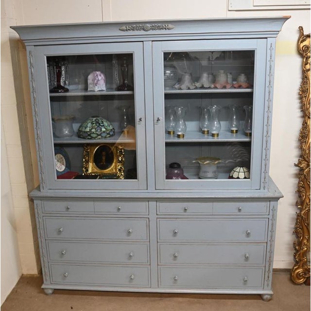Glass English Painted Farmhouse Kitchen Hutch Cabinet, 1920 For Sale - Image 7 of 7