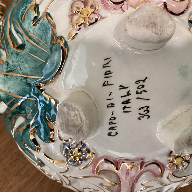 Vintage Majolica Capodimonte Italy Dish & Cover 363/502 Adorable Color Palette Golden Rim and Details For Sale - Image 12 of 12