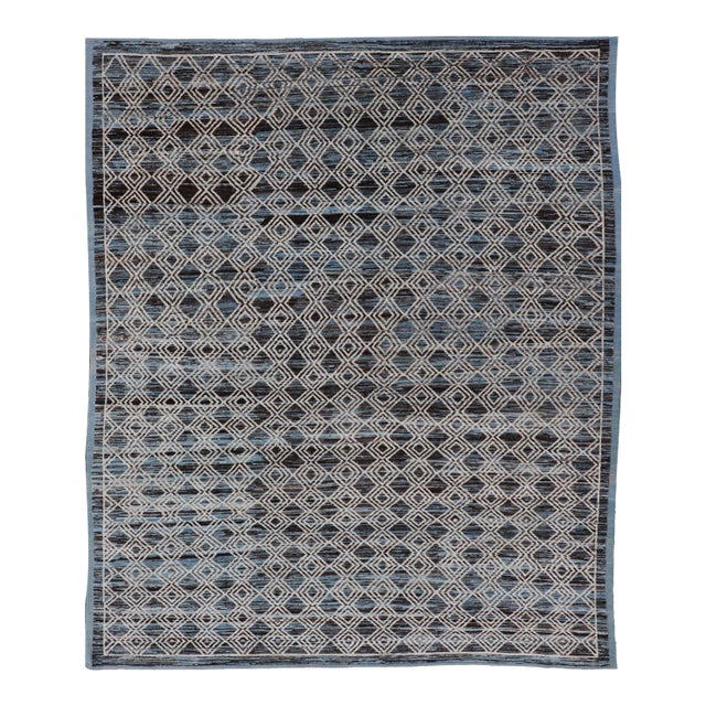 Blue, Charcoal, Gray and Brown Afghan Modern Geometric Design Rug 10'9 X 13'9 For Sale