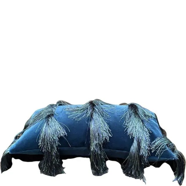 Soft cotton velvet in deep petrol blue decorated with a long handmade silky fringe in a mélange of blue and green. Size 55...